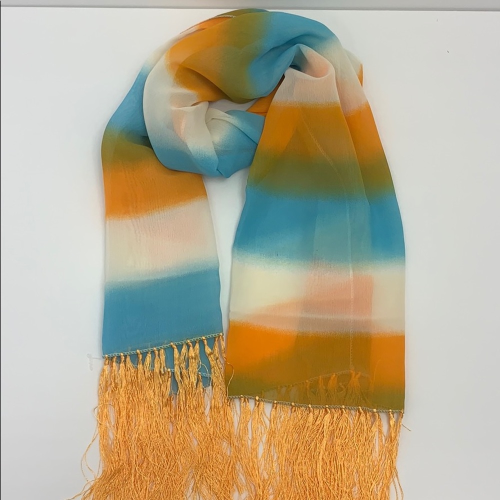 Stripe multi color sheer scarf with fringes